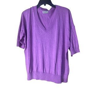 Falconeri Silk Blend Bright Lavender V-Neck Drape Short Sleeve Top - Size XL